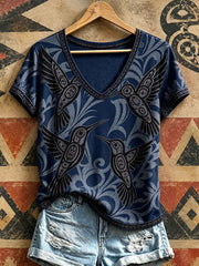 Women's Indigenous Hummingbird Art V-Neck T-Shirts