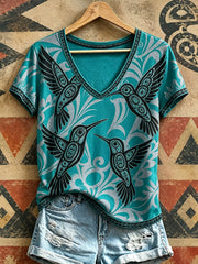 Women's Indigenous Hummingbird Art V-Neck T-Shirts