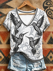 Women's Indigenous Hummingbird Art V-Neck T-Shirts
