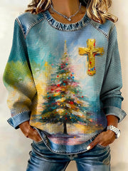 Women's Merry Christmas Christmas Tree Cross Waffle Denim Patchwork Top