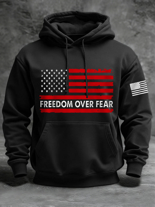 Men's Freedom Over Fear USA Flag Print Casual Hoodie