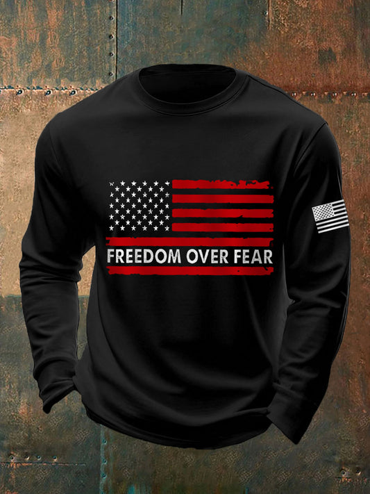 Men's Freedom Over Fear USA Flag Print Long Sleeve T-Shirt