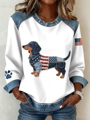 Women's American Flag Inspired Dachshund Dog Pattern Denim Patchwork Sweatshirt