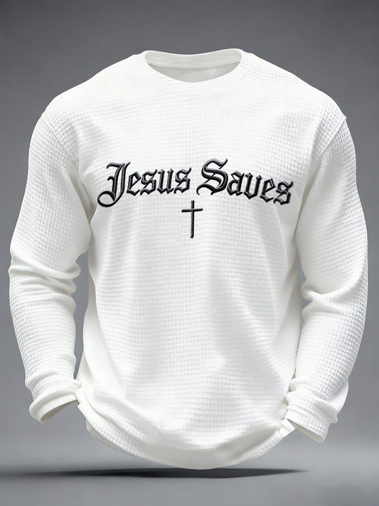 Men's Jesus Saves Waffle Print Casual T-Shirt