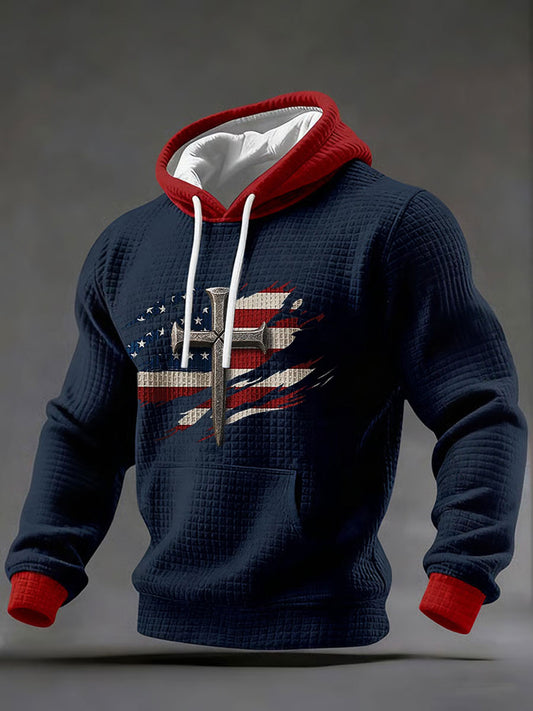 Men's Christian Cross Flag Checkered Cotton Hoodie