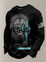 Men's Jesus Lion USA Flag Print Casual Long Sleeve T-Shirt