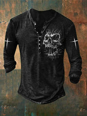 Men's Vintage Skull Faith Cross Printed Henry Long Sleeve Shirt