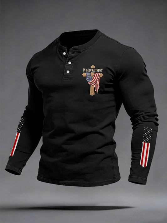 Men's In God We Trust USA Flag Print Casual Buttons Neck Long Sleeve T-Shirt