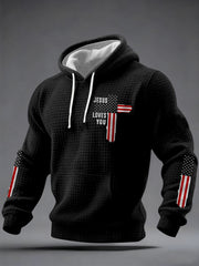 Men's Jesus Loves You Cross Faith USA Flag Print Casual Checkered Hoodie