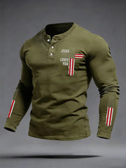 Men's Jesus Loves You Cross Faith USA Flag Print Casual Long Sleeve T-Shirt