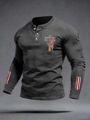 Men's In God We Trust USA Flag Print Casual Buttons Neck Long Sleeve T-Shirt