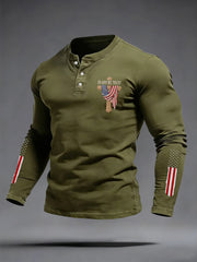 Men's In God We Trust USA Flag Print Casual Buttons Neck Long Sleeve T-Shirt