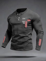 Men's Jesus Loves You Cross Faith USA Flag Print Casual Long Sleeve T-Shirt