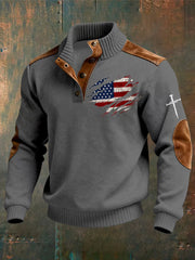 Men's Vintage Faith Cross Print Casual Button-Up Sweatshirt