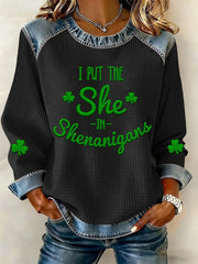 Women's St. Patrick's Day Denim Collar Plaid Top