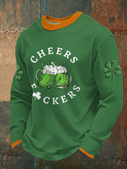 Men's Funny St Patrick's Day Cheers F*ckers Green Beer Shamrock Print Waffle Long Sleeve T-Shirt