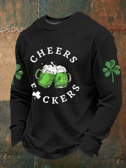 Men's Funny St Patrick's Day Cheers F*ckers Green Beer Shamrock Print Waffle Long Sleeve T-Shirt