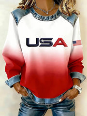 Women's USA Winter Sports 2026 Print Denim Patchwork Top