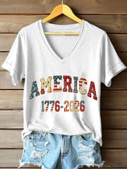 Women's Freedom Legacy 1776-2026 Patchwork Pattern V-Neck T-Shirt