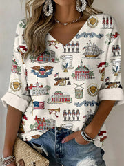 Women's Independence Day Inspired Print V-Neck Top
