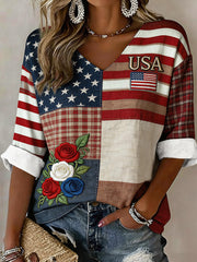 Women's USA Inspired Floral Embroidery Pattern Linen V-Neck Shirt
