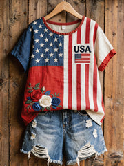 Women's USA Embroidery Pattern Patchwork Art Linen Blend Shirt