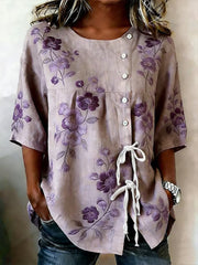 Women's Purple Flora Art Buttoned And Linen Blend Shirt