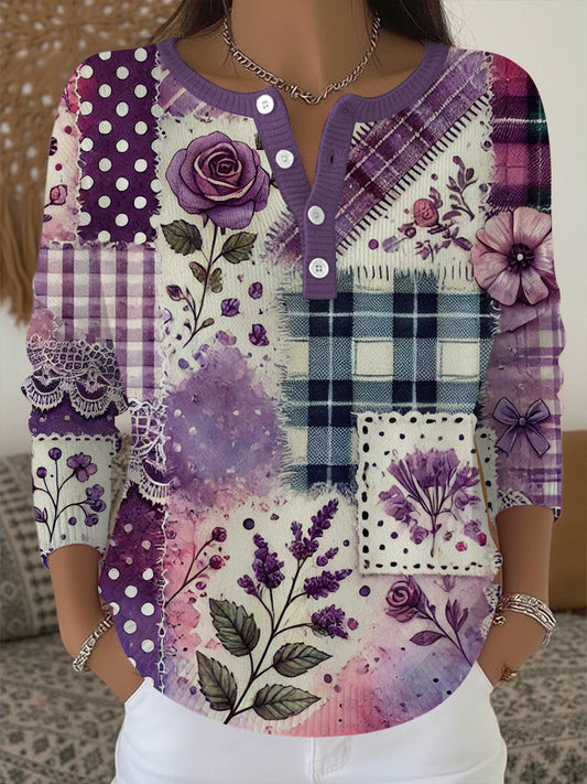 Women's Alzheimer's Awareness Purple Floral Patchwork Top