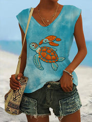 Women's Lovely Sea Turtles Art Tie Dye Sleeveless T-shirt