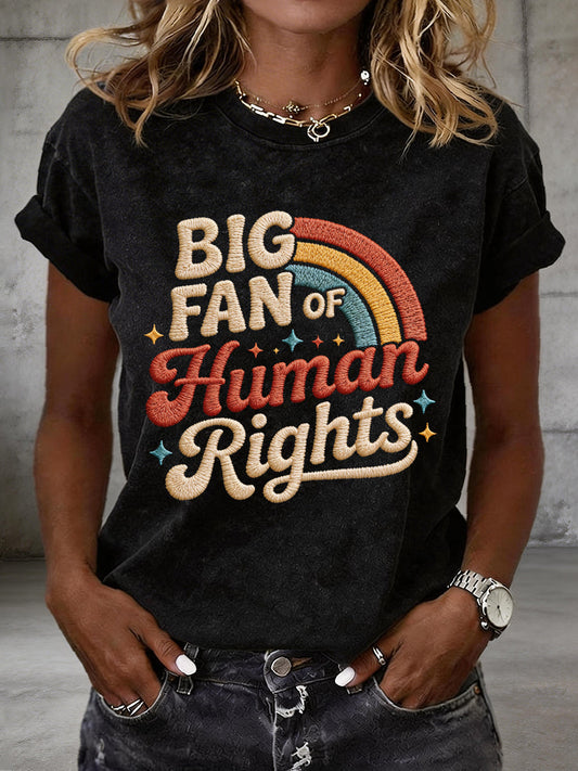 Women's Big Fan of Human Rights Embroidery Pattern T-Shirt