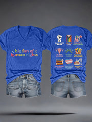 Women's Big Fan of Human Rights Embroidery Pattern V-Neck T-Shirt