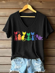 Women's Rainbow Colors Cat Print V-Neck T-Shirt