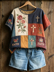 Women's Floral Cross Print Casual T-shirt
