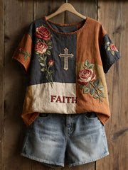 Women's Floral Cross Print Casual T-shirt