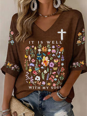 Women's It Is Well With My Soul Floral Print Waffle V-Neck Tee