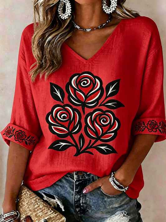Women's Indigenous Floral Print Casual T-shirt