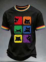 Men's Pride Month Rainbow Cat Art Short Sleeve T-shirt
