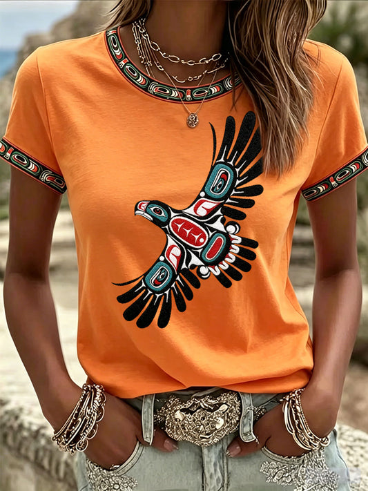 Women's Indigenous-Style Casual T-Shirt with Embroidery and Print