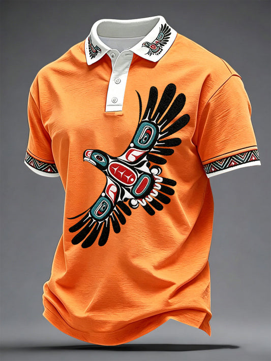 Men's Indigenous-Style Casual T-Shirt with Embroidery and Print