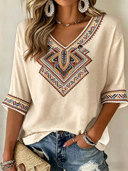 Women's Indigenous Geometric Art V-Neck Tops