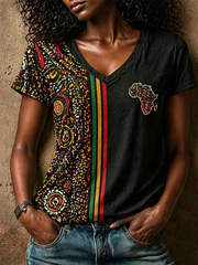 Women's African Map Patchwork Print linen short-sleeved T-shirt