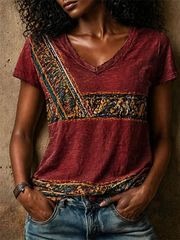 Women's Boho Patchwork Printed linen short-sleeved T-shirt