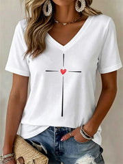 Women's Christian Cross Print V-Neck Tee