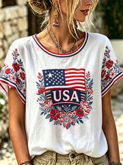 Women's Independence Day Floral USA Flag Print Tee
