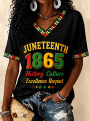 Women's Juneteenth Print Casual V-Neck Tee