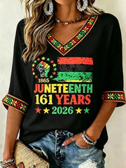 Women's Juneteenth 161 Years Mid-length Sleeves V-Neck T-Shirt