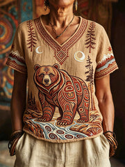 Women's Indigenous Bear Art V-Neck Tops