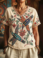 Women's Indigenous Hummingbird Art V-Neck Tops