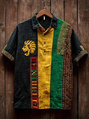 Men's retro reggae color-blocked design casual linen short-sleeve shirt