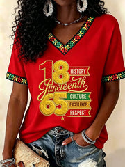 Women's Juneteenth Print Casual V-Neck Tee